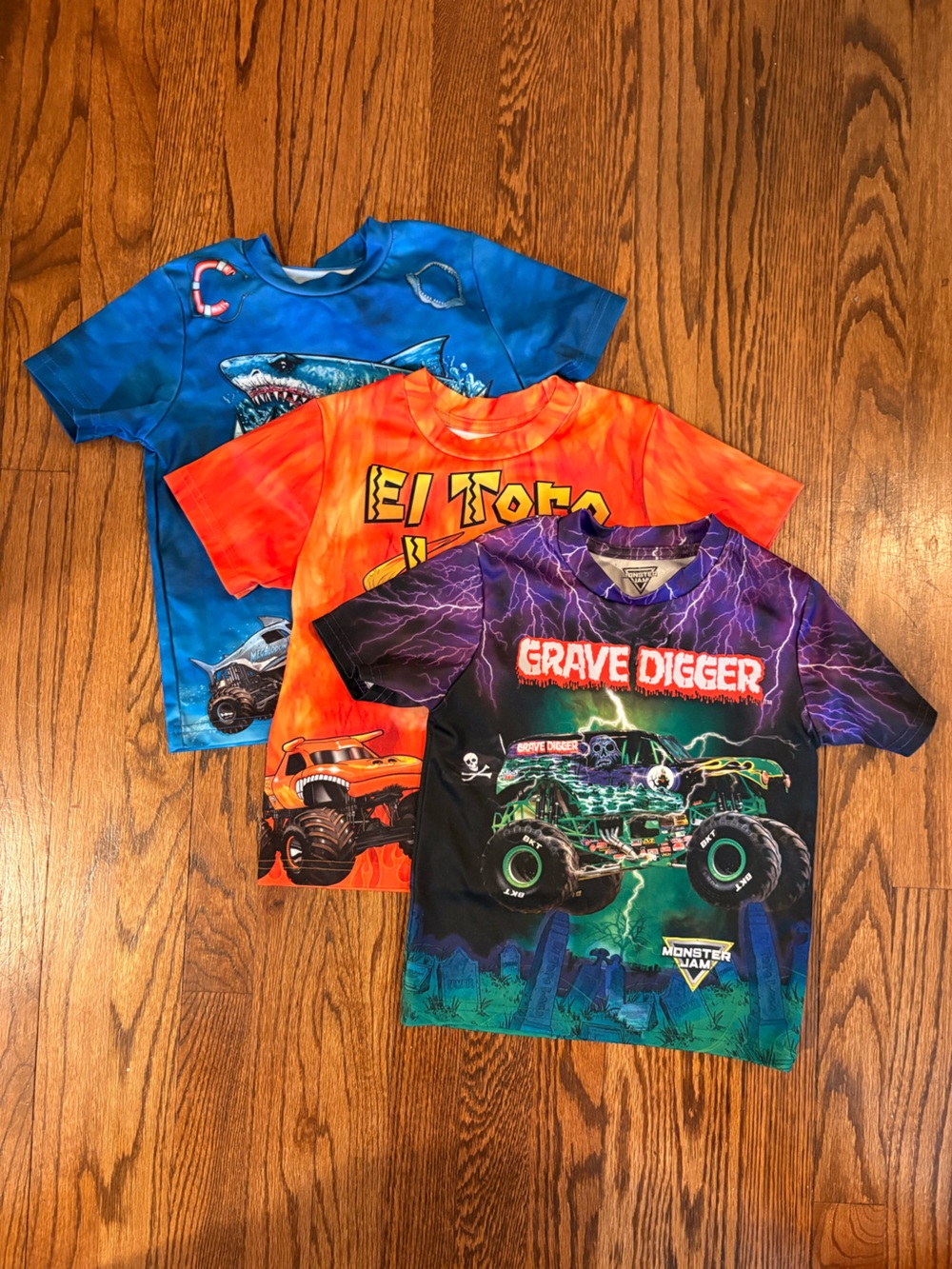 Lot of 3 Monster Jam T-Shirts for Boys - Grave Digger, El Toro Loco, Megalodon